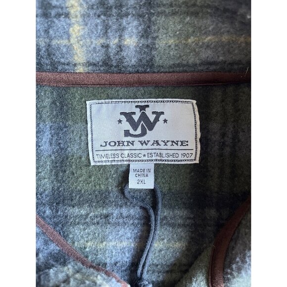 John Wayne 2XL Green & Gray Plaid Pullover Shirt With Leather Trim Wool Blend - Picture 3 of 8